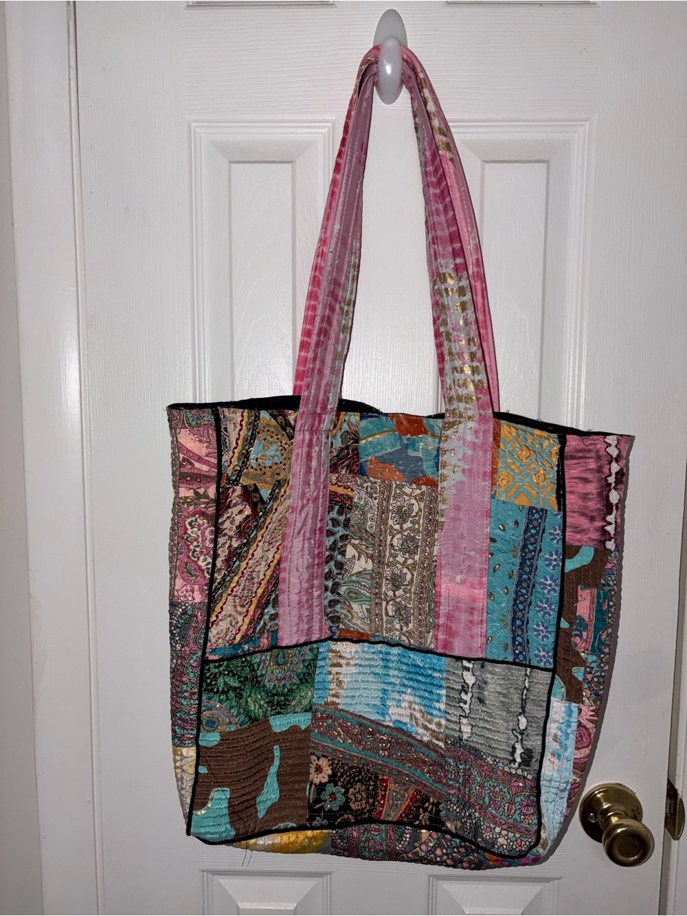 EARTHBOUND Pink-Handled Patchwork Tote with Multicolor Panels